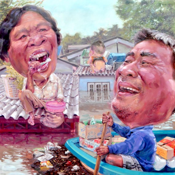 พี่ว่าน้ำแห้งให้ฝนแล้งเสียยังดีกว่า (Drought might be better then Flood), Oil on Canvas, 200x200 cm.