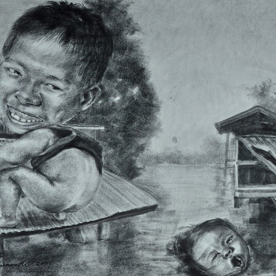 น้ำขึ้นต้องรีบอึ (The Tide's Up, Let's Shit), Crayon on paper, 79x109.5 cm.