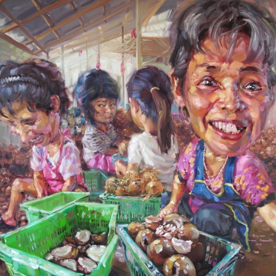 มาซื้อกะทิ, (Wanna buy coconut milk!), Oil in canvas, 200x200cm