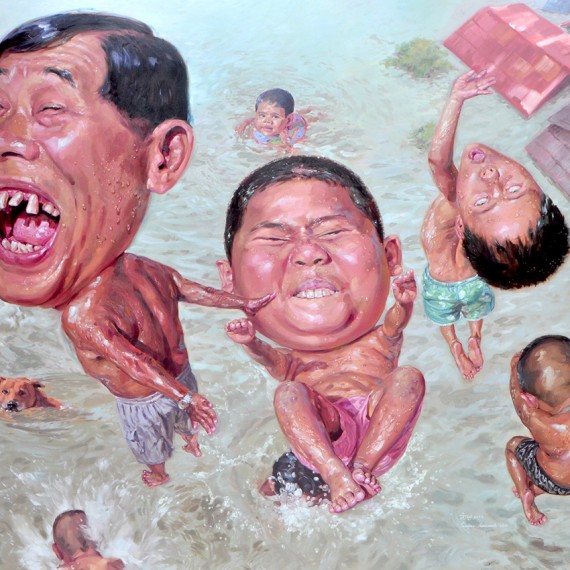 น้ำท่วมปีนี้ทุกบ้านล้วนมีแต่คราบน้ำตา (This year flood, fills with tears), Oil on Canvas, 230x250 cm.