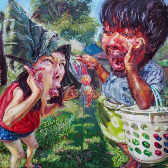 ช่วยกันตากผ้า, (My beloved assistant house wife), oil on canvas, 200x250 cm.