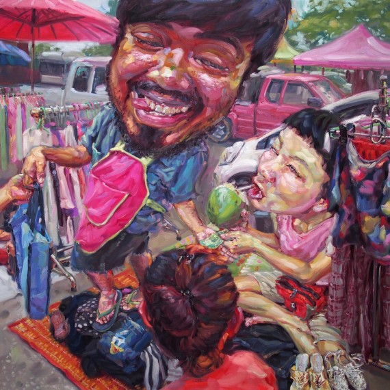 ตลาดนัดวัดคู้ฯ, (My beloved salesman), oil on canvas, 200x200 cm.