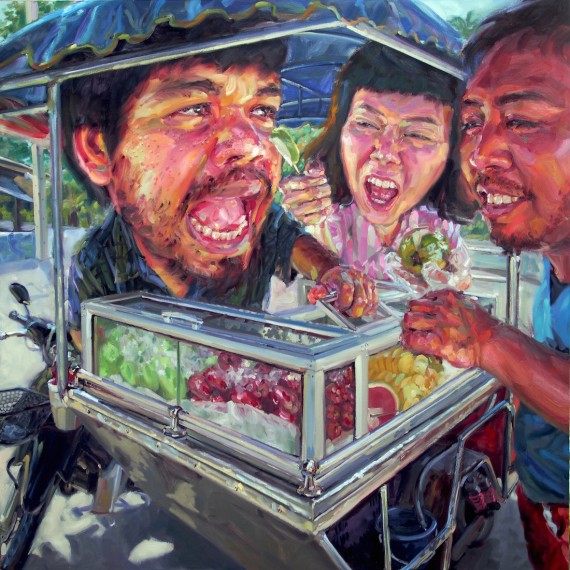 ผู้ชายขายผลไม้, (My beloved vendor), oil on canvas, 200x200 cm.