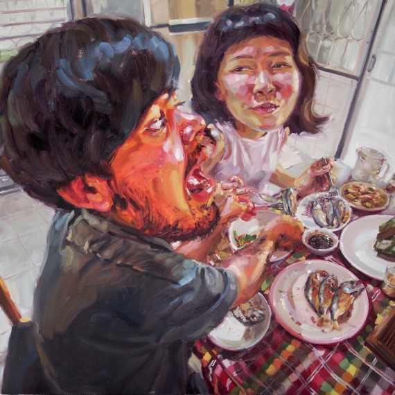 กินเยอะๆ (Here, eat mine), oil on canvas, 150x150 cm.