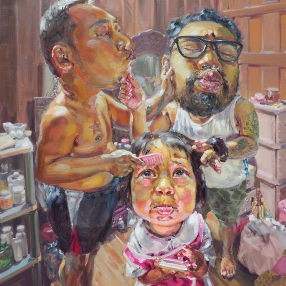 ก่อนไปโรงเรียน (Stylist daddies), oil on linen, 120x120 cm.