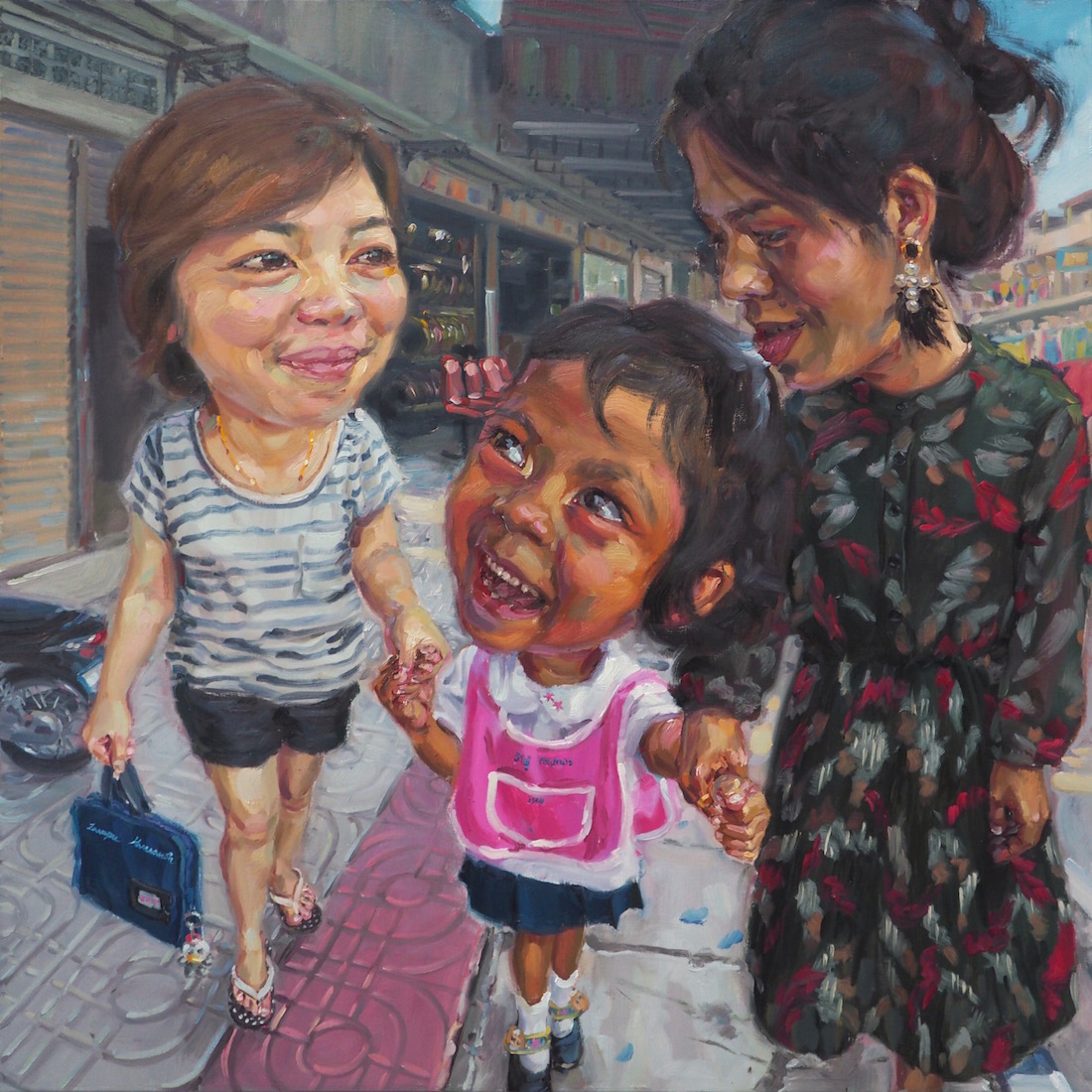 หลังเลิกเรียน (walking home with mommies), oil on linen, 120x120 cm.