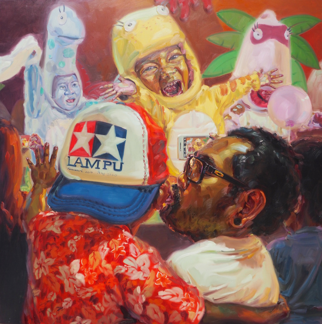 พวกพ่ออยู่นี่จ่ะ (We’re here!), oil on linen, 200x200 cm.