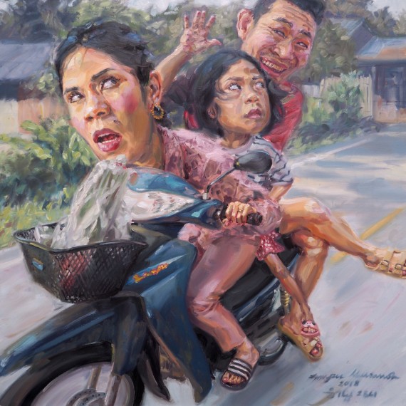 เฮ้ย! ไปเตะบอลกัน (Hey! I am here), oil on linen, 120x120 cm.