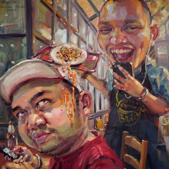 ดูหัวพี่ด้วย (The waiter) Oil on linen, 50x50 cm.