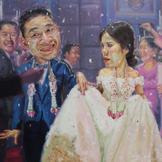 เดินจับมือกัน ทุกข์สุขด้วยกัน (I am happy to be with you), oil on linen, 150x150 cm.