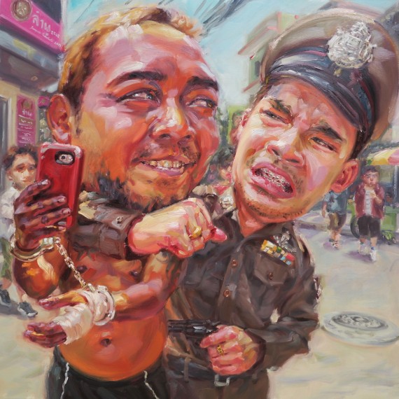 สักรูปครับหมวด (Just one shot), oil on linen, 100x100 cm.