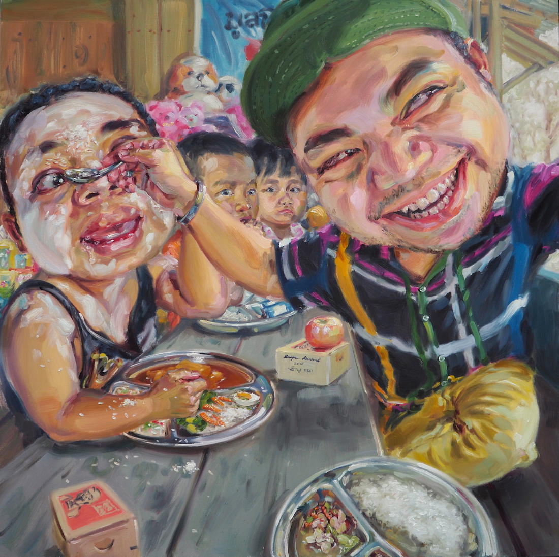 เลี้ยงอาหารกลางวันเด็ก (I am a kindness person), oil on linen, 150x150 cm.