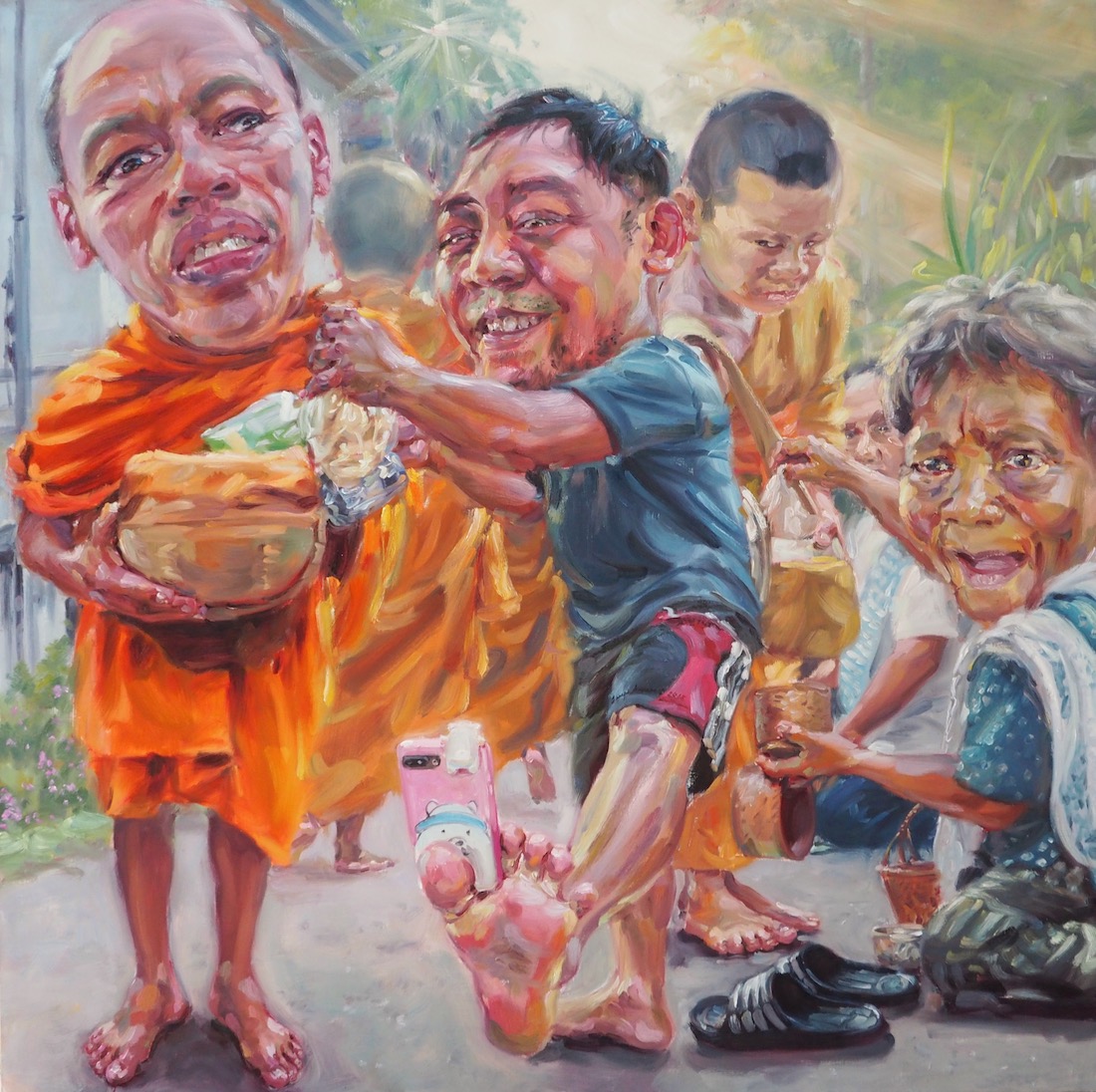 นิมนต์สักครู่ครับ (Just a minute please), oil on linen, 150x150 cm.