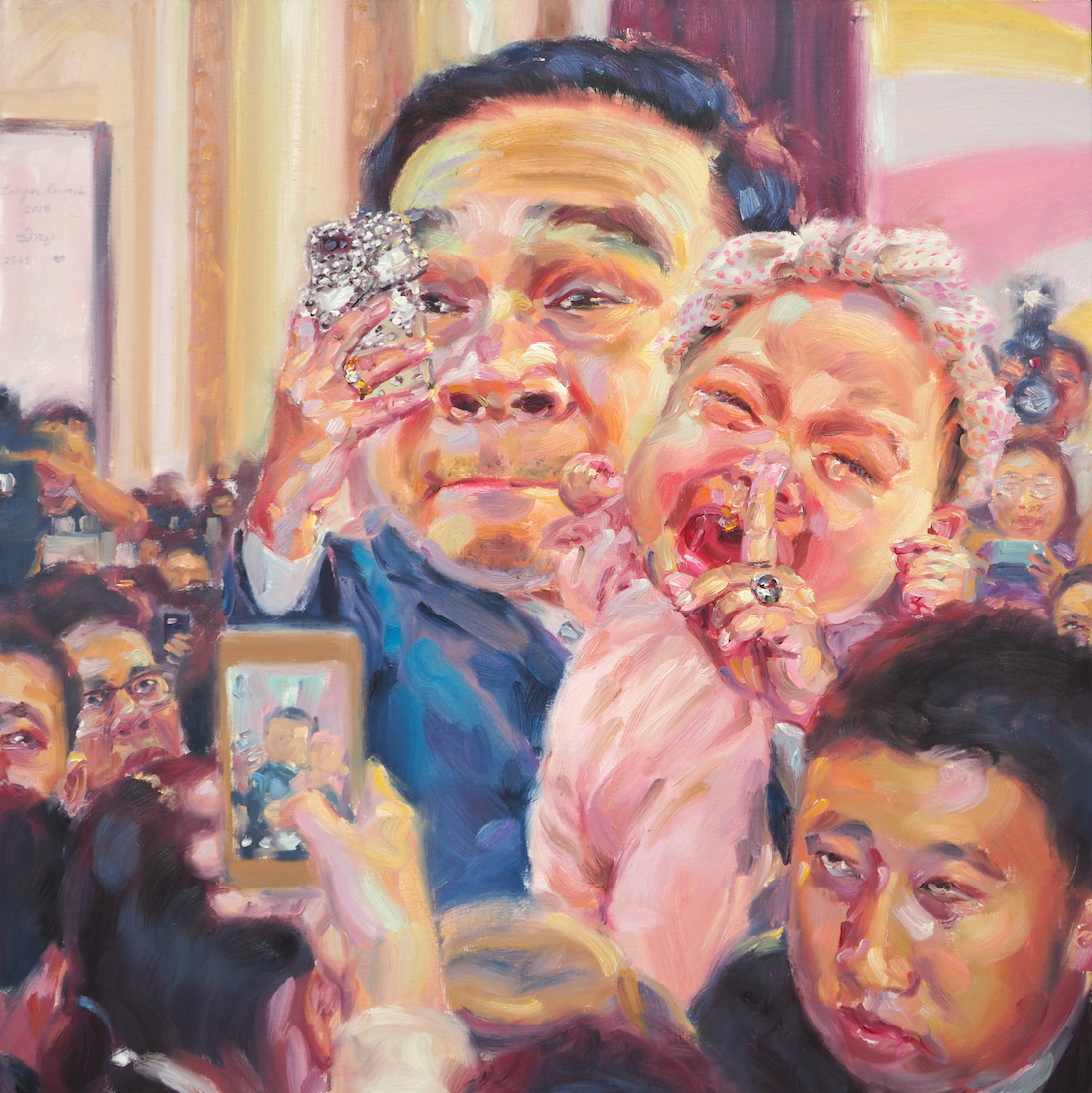 อึ๊บลูกอึ๊บ! (Stop crying), oil on linen, 100x100 cm.