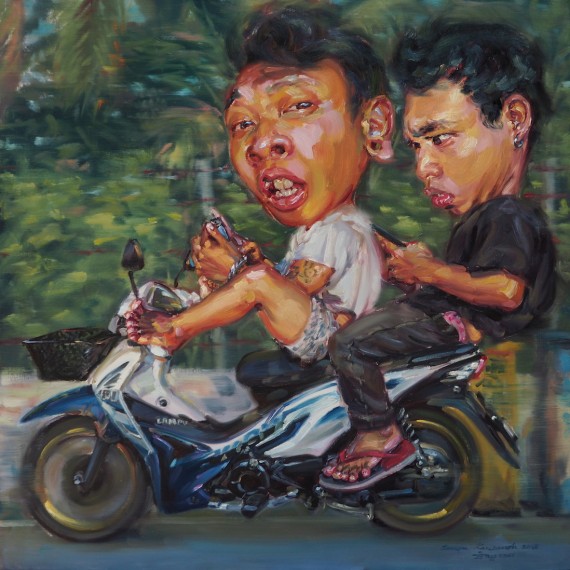 ไลค์ทัก (Push the like if you love), oil on linen, 100x100 cm.