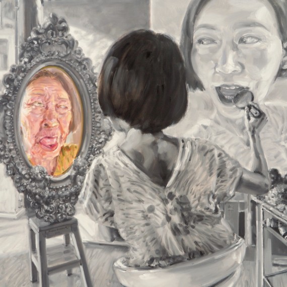 ส่องกระจกดูเงา เงาของตัวเอง (Self portrait), oil on linen, 120×120 cm.