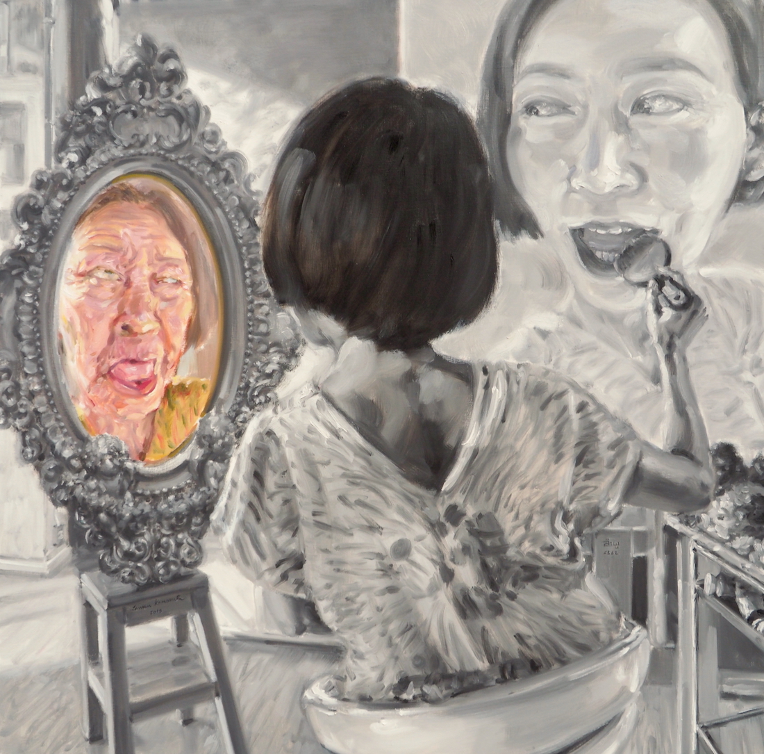 ส่องกระจกดูเงา เงาของตัวเอง (Self portrait), oil on linen, 120×120 cm.