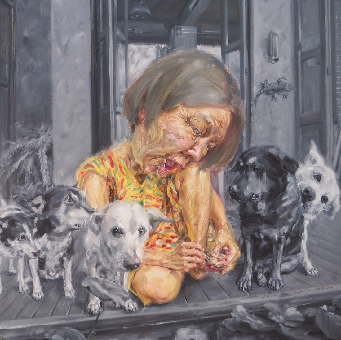 อยากให้เธออยู่ตรงนี้ (Love me love my dogs), oil on linen, 100×100 cm.