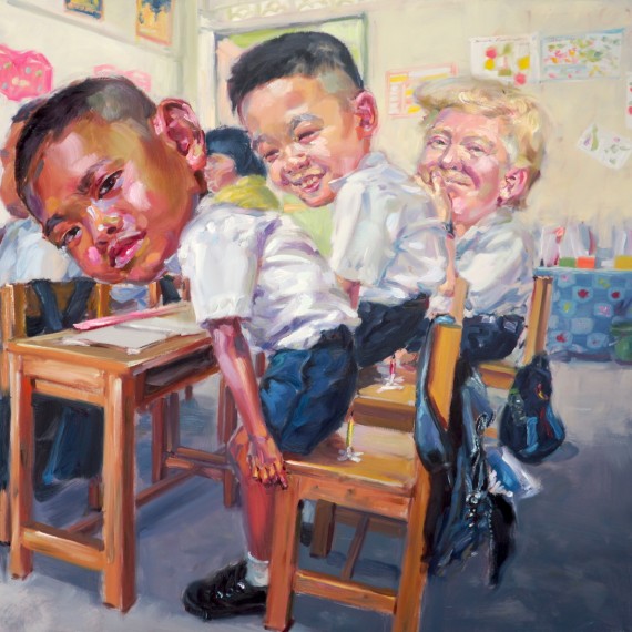 Sit down please!, oil on linen, 100×100 cm.