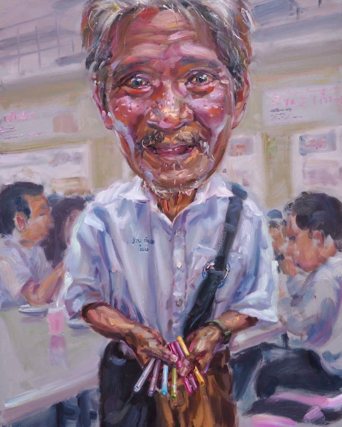 Help me please! I am a student, oil on linen, 100×100 cm.