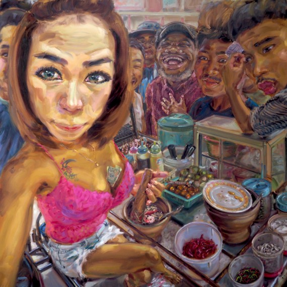 รับอะไรดีคะ (What do you wanna eat?), oil on linen, 200x200 cm.