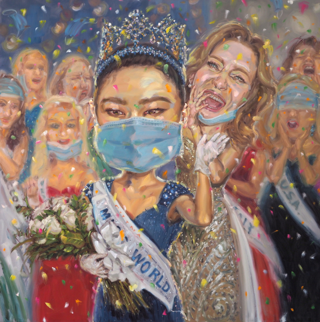 นางฟ้าองค์ใดแปลงกายลงมา (Miss world 2020), oil on linen, 200x200 cm.